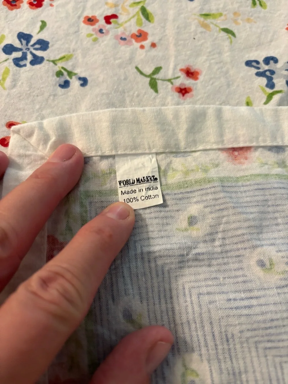 World Market 60x86” Floral Block Print Cotton Tablecloth Blue Red Cottage